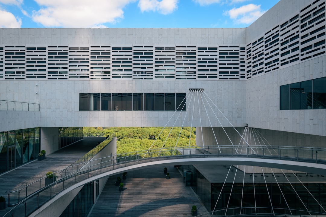 A view of a building from a walkway